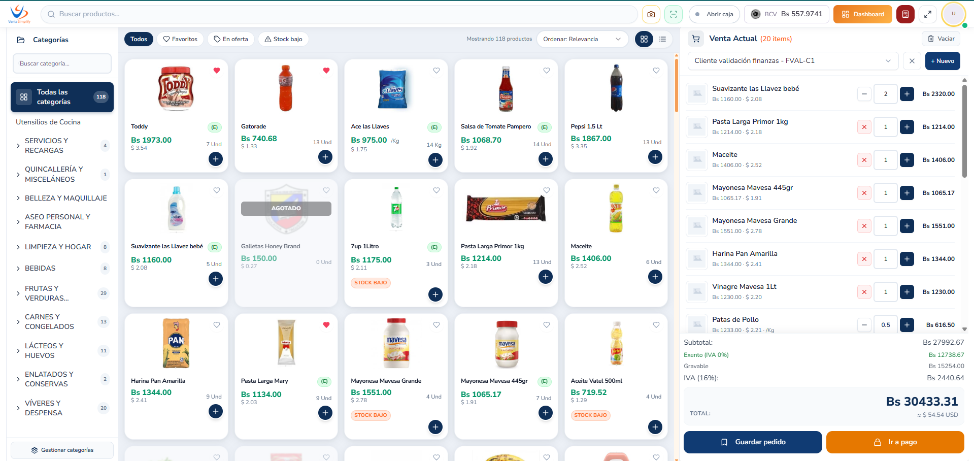 Punto de Venta de Venta Simplyfy: catálogo, carrito y totales en Bs y USD
