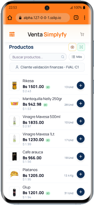 POS móvil: lista de productos con precios Bs y USD