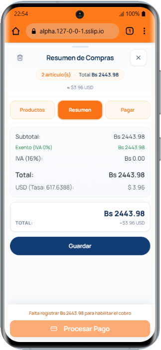 POS móvil: resumen fiscal con subtotal, IVA y USD